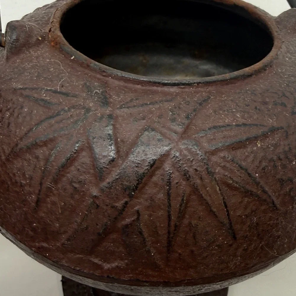 VTG‎ Japanese Cast Iron Teapot Embossed Leaf Design Brown Asian Style
